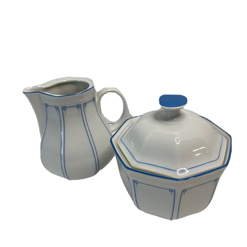 Schirnding Bavaria 127 octagonal cream & sugar set‎ ceramic blue white art deco